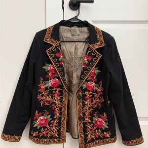 paparazzi Black Embroidered Floral Blazer with Gold Trim